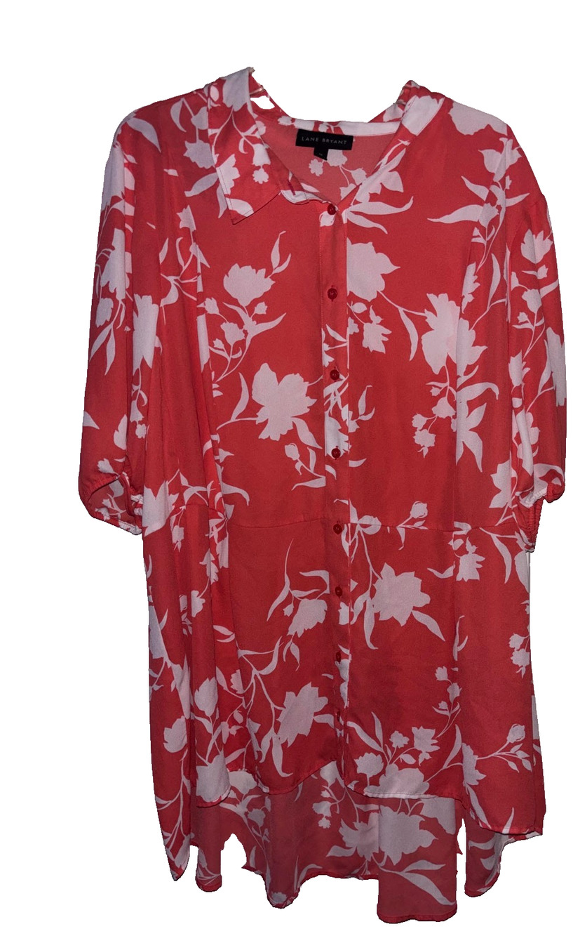Lane Bryant Shirt Womens 26 Orange White Floral Button Front High Low Hem